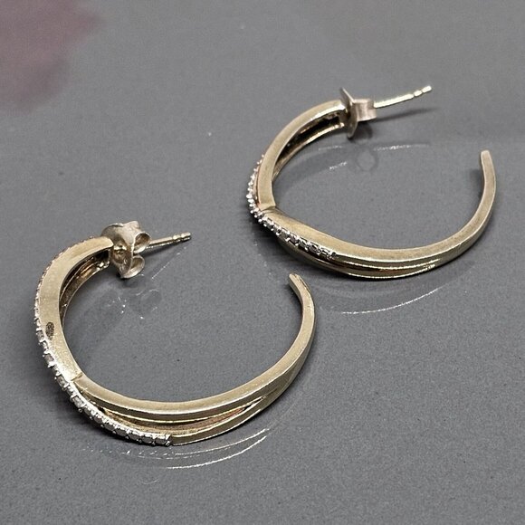 925 Sterling Silver Vermeil - Natural Diamond Crossover Semi Hoop Earrings - Picture 4 of 12